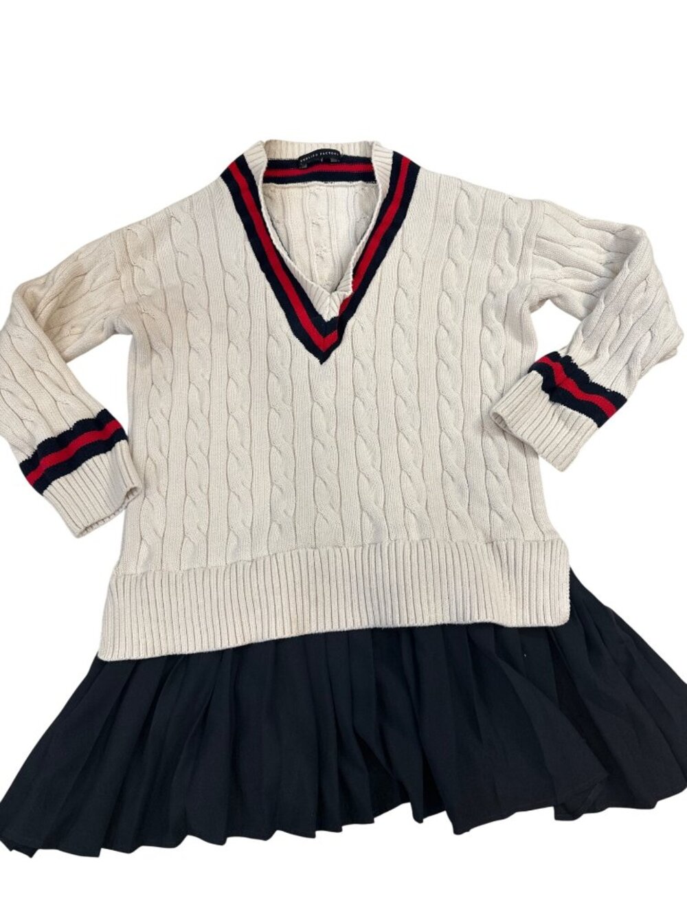Cable Knit Sweater Dress attached Pleated Skirt/English Factory L Classic Preppy